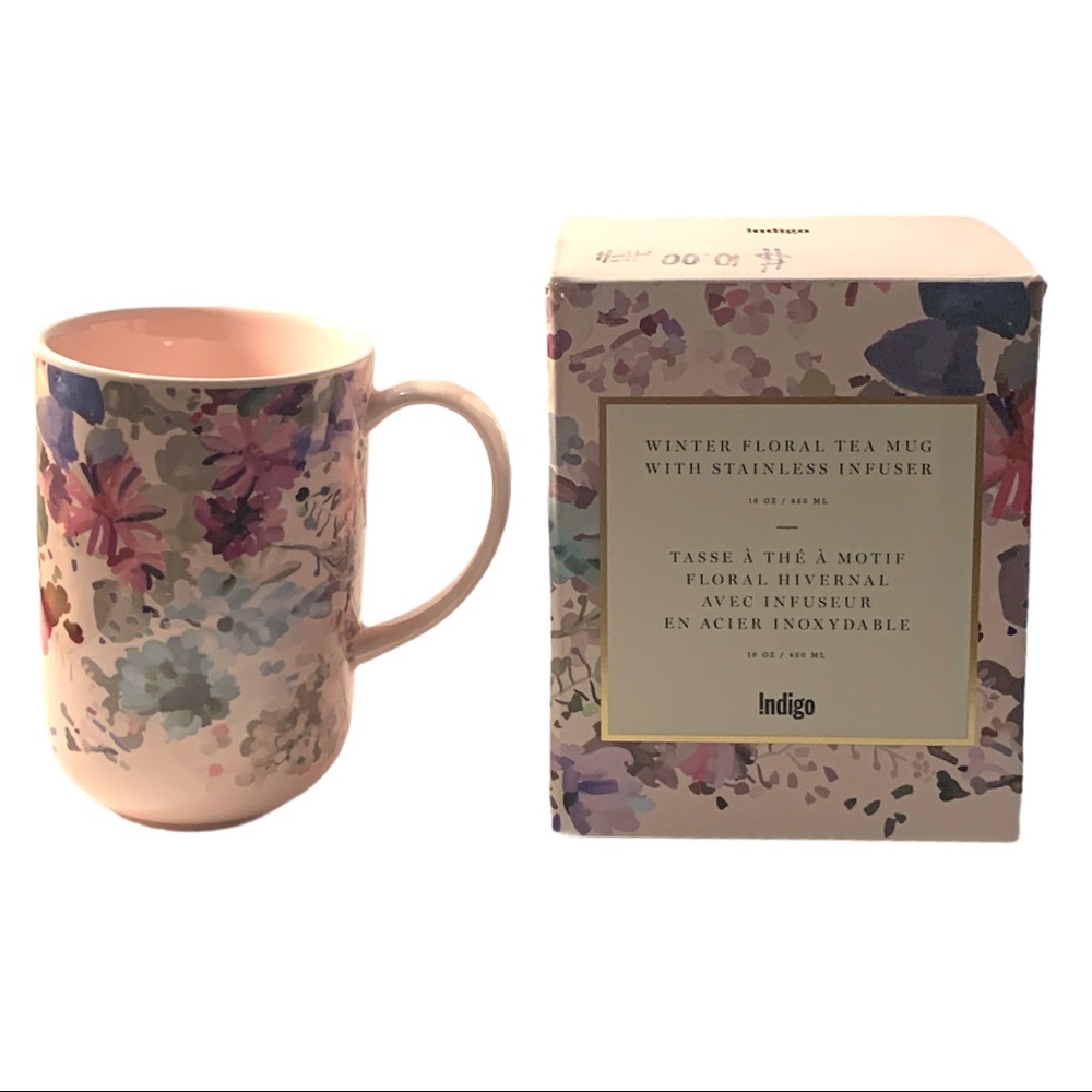 NWT Indigo Winter Floral Tea Collectible Mug Cup 14 oz Stainless Steel Infuser